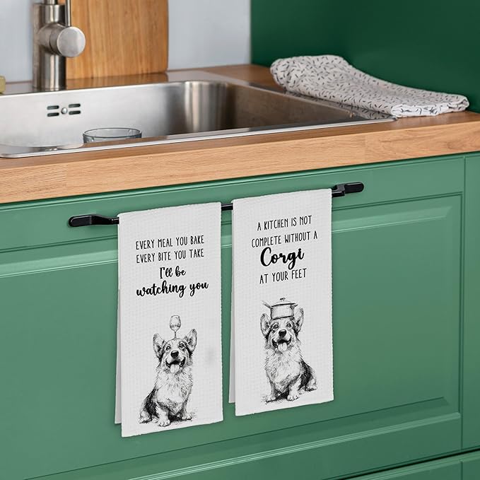 Funny Dog Corgi Kitchen Towels Set of 2, Cute Dish Towel Gifts for Dog Lovers Mom Christmas, Every Meal You Bake Hand Towels Decor for Bathroom, Rustic Tea Bar Towel for Dining Room 16x24in