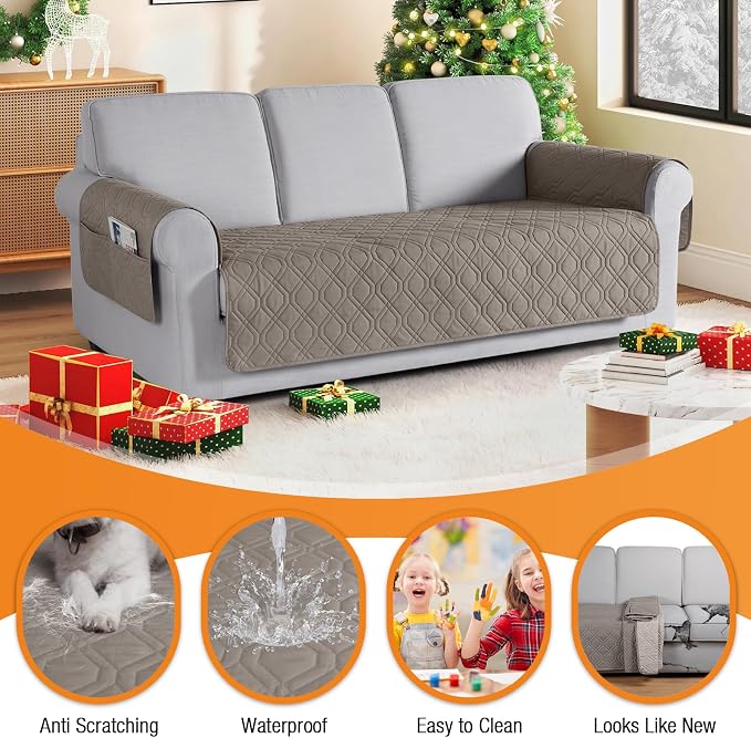 VANSOFY Waterproof Couch Cover for Pets, Khaki, 67.3" | Non-Slip, Washable, Utility Pockets, Pet Friendly, Furniture Protector Slipcover for 3 Cushion Couch