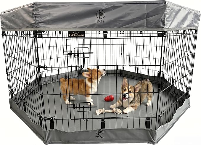 PJYuCien Puppy Playpen with Top Cover & Bottom Pad, 8 Panels 30" H, Gray | 24"W, Small Pet Safe Sanctuary, Foldable Octagonal Pen, Versatile, Indoor & Outdoor, Backyard Pasture, Protects Floors