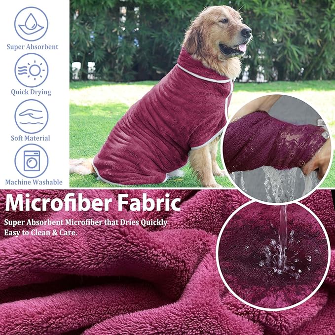 Dog Bathrobe Drying Coat - Super Absorbent Bath Robe for Large Dogs, Soft Adjustable Collar & Belly Strap Fast Drying Pet Towel for Dogs and Cats (Grey, Large)
