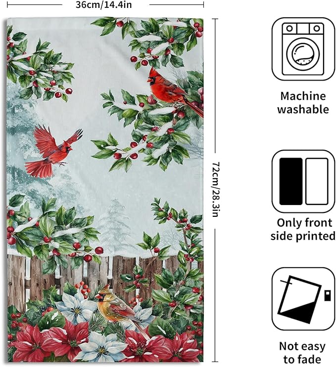 Giwawa Red Bird Towel- Xmas Holly Berries Watercolor Poinsettia Hand Face Towels- Winter Trees Red White Floral Soft Microfiber Dish Towel for Bathroom Guest Gym Seasonal New Year Decor