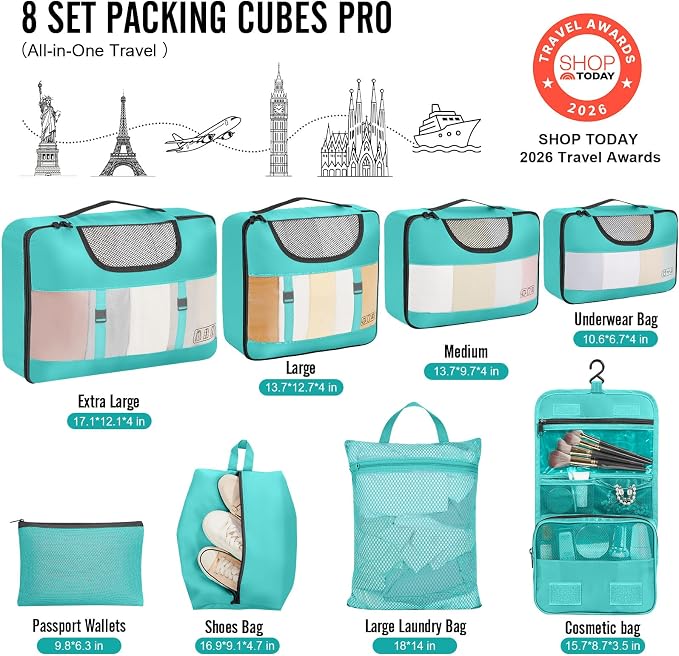 Veken 8 Set Packing Cubes for Travel Essentials, Suitcase Organizer Bags in 4 Sizes, Carry-On Luggage Accessories with Laundry Bag, Airplane Must Have with 99-Count Mesh Holes
