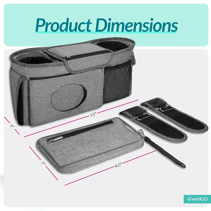 Swanoo Stroller Caddy Organizer, Cup Holder, Wipes Pocket, Non-Slip, Grey