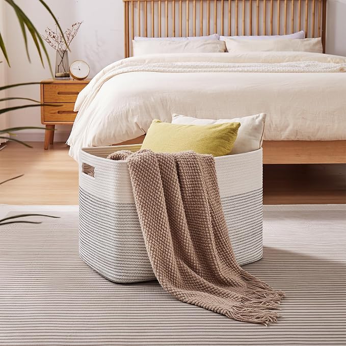 OIAHOMY 108L Extra Large Blanket Basket Dog Toy Basket Black/White | Rectangle Woven Baskets for Storage Cotton Rope Basket For Living Room Toy Storage Blanket Storage Laundry Basket