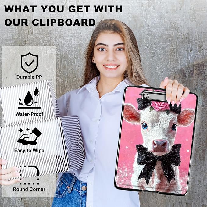 Heavy Duty Storage Clipboard, Slim Nursing Clipboard with Internal Pen Case, Portable File Organizer Case for A4 Letter Size Paper Office Medical Professionals, Pink Flower White Cow