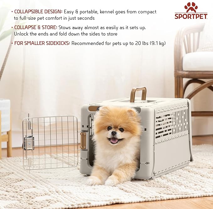 SportPet Designs Collapsible X-Small Pet Travel Carrier (Tan), Hard-Sided Kennel for Small Dogs, Puppies, Cats, Kittens, Animals up to 20lbs, Washable Home & Outdoor Pet Crate, 19.6"L x 13.5"W x 12"H