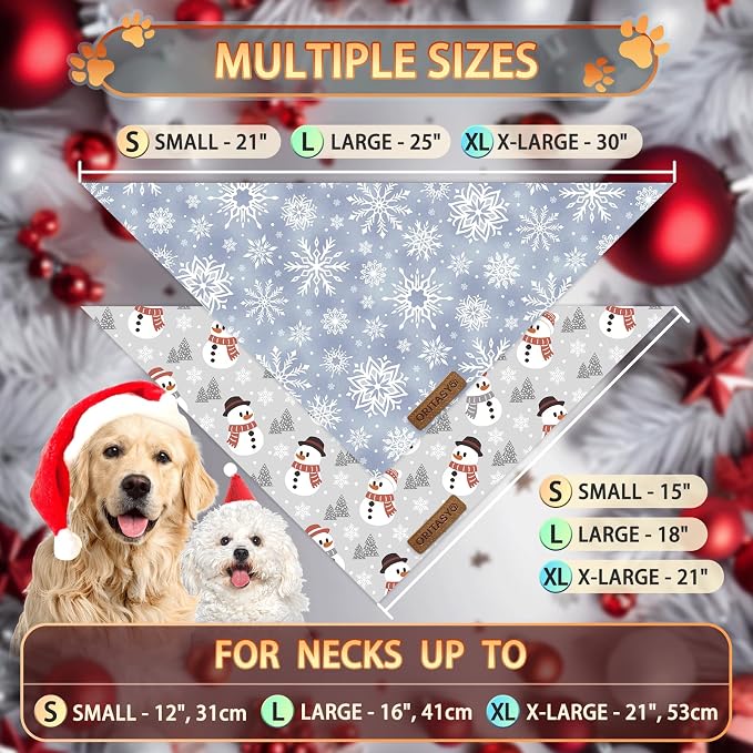 Christmas Snowman Dog Bandanas, 2-Pack Triangle Reversible Snowflakes Pet Scarves, Premium Fabric, Bandana for All Boys Girls Dogs (L, Style 3)