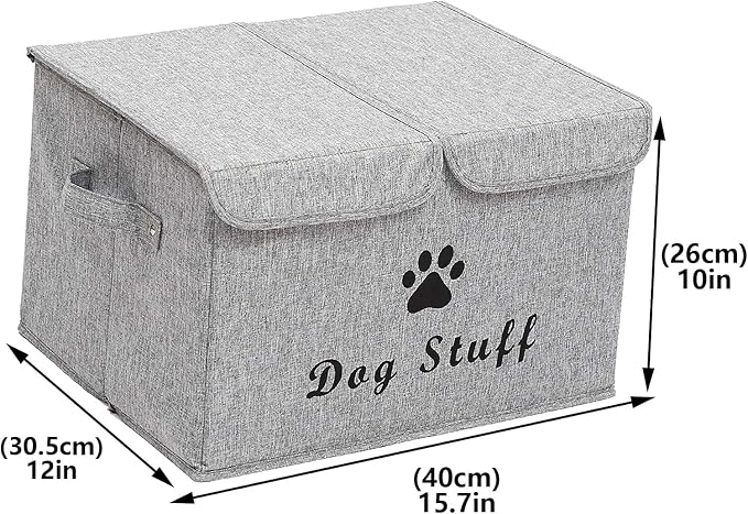 Large Storage Boxes - Large Linen Fabric Foldable Storage Cubes Bin Box Containers with Lid and Handles for Dog Apparel & Accessories, Dog Toys(Snow Grey)