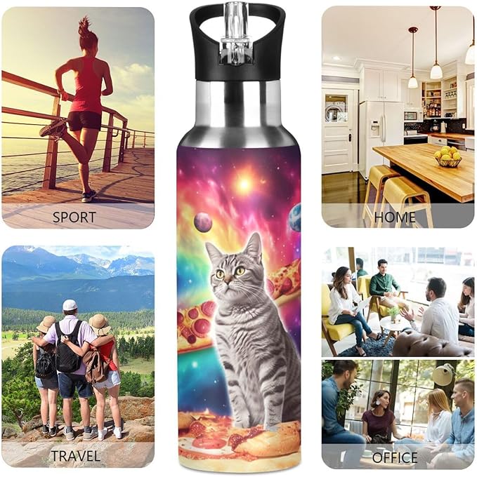 Cat Pizza Planets Space Water Bottle with Straw Lid Kids Insulated Stainless Steel Water Flask Sports, 20 Oz Hot Cold
