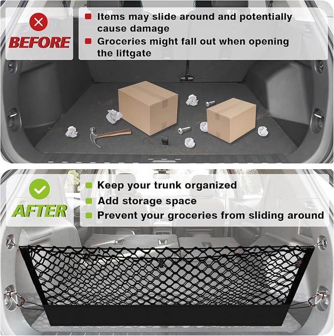 Muslogy Cargo Net for 2018-2024 Chevy Equinox & GMC Terrain Accessories | Custom Fit, Trunk Storage Organizer Net for SUV Sedan Van Divider, with Heavy Duty Carabiners, Night Visible Grab Handle