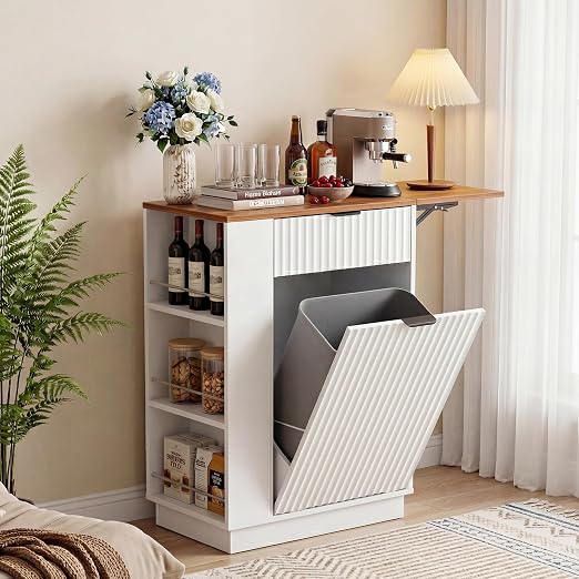 Kitchen Island Tilt-Out Trash Can Cabinet, 10 Gallon Fluted Laundry Hamper Cabinet with Drawers, Multipurpose Kitchen, Bathroom, Living Room Wooden Trash Bin