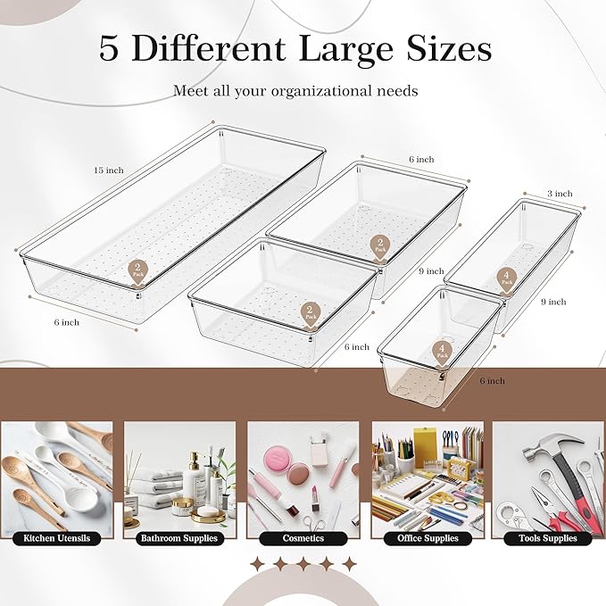 14 PCS Clear Plastic Drawer Organizer Set - 5 Large Size Versatile Kitchen and Bathroom Organizer Trays, Non-Slip Storage Bins for Makeup, Utensils, Tool and Office Desk