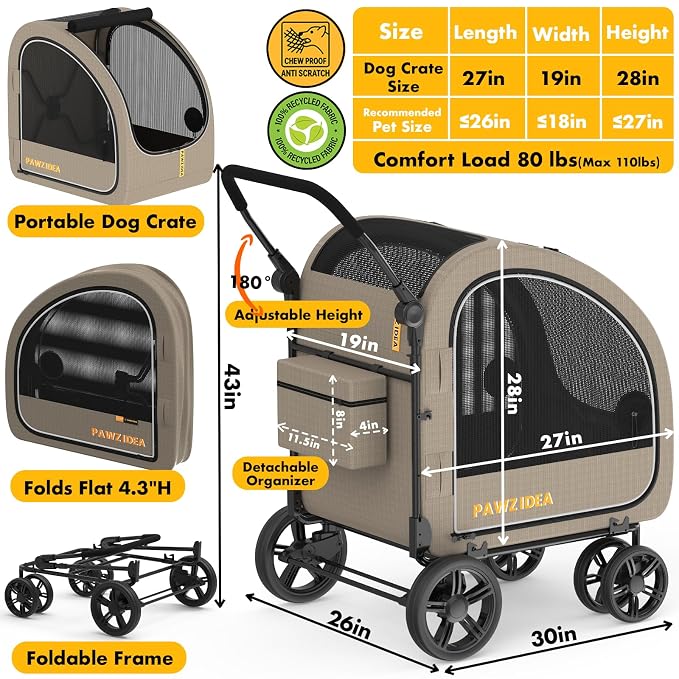 PAWZIDEA 3-in-1 Large Dog Stroller with Detachable Carrier, 45% Extra Tall | Dog Crate Car Travel for 2 Medium Dogs Sit Upright, Foldable Jogger Pet Stroller All-Terrain Up to 100lbs, Storage Organizer