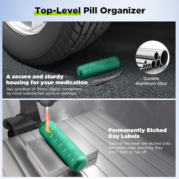 Zannaki Metal Moisture Proof Weekly Pill Organizer, Stackable Aluminum Alloy BPA Free Travel Hiking 7 Day Pill Box Case Waterproof and Large Compartment to Hold Pills, Vitamins, Fish Oil, Supplements