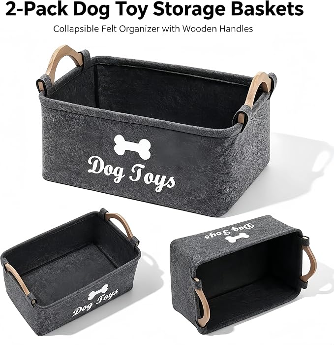 Dog Toy Storage Basket, Felt Pet Toy Organizer with Wooden Handles, Collapsible Pet Supplies Storage Bin for Dog Cat Toys, Treats, Accessories, Home Office Closet Organizer (DarkGray-2)