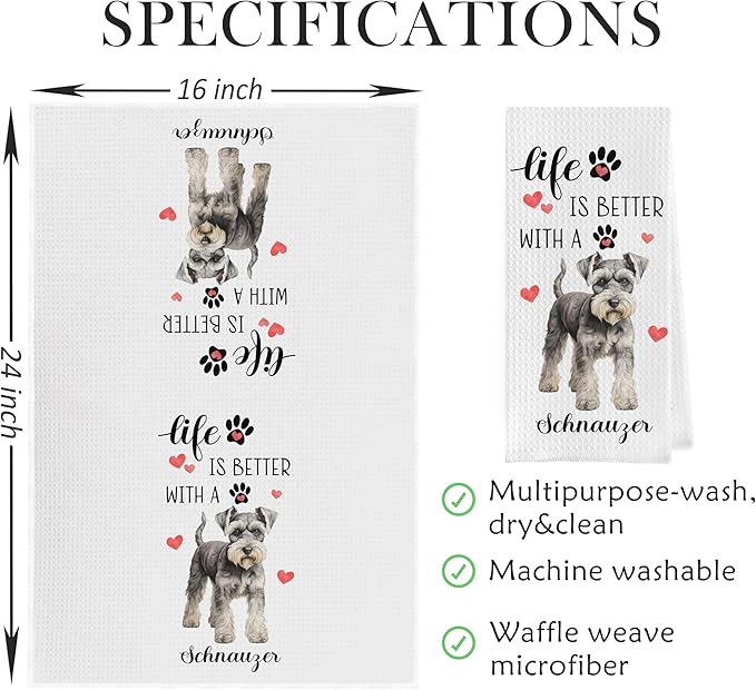 Schnauzer Gifts Dish Towels Set - Funny Schnauzer Gifts Waffle Weave Kitchen Towels, Schnauzer Hand Tea Towels, Schnauzer Gifts for Women (16×24 Inches Set of 2)
