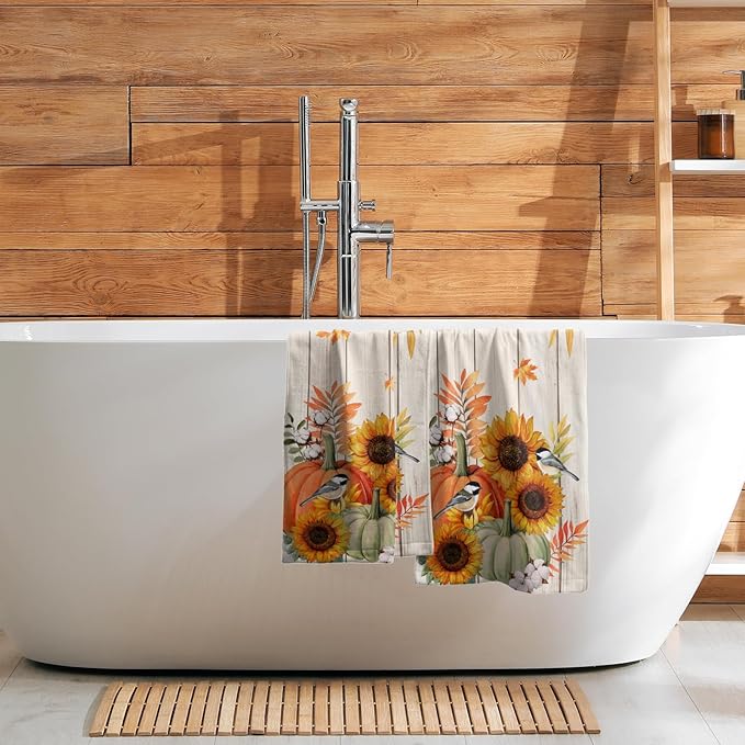 Giwawa 2PCs Fall Autumn Towel- Orange Green Pumpkin Sunflowers Birds Wood Board Hand Face Towels- Thanksgiving Harvest Leaf Soft Microfiber Dish Towel for Bathroom Guest Season Hotel Gym Decor