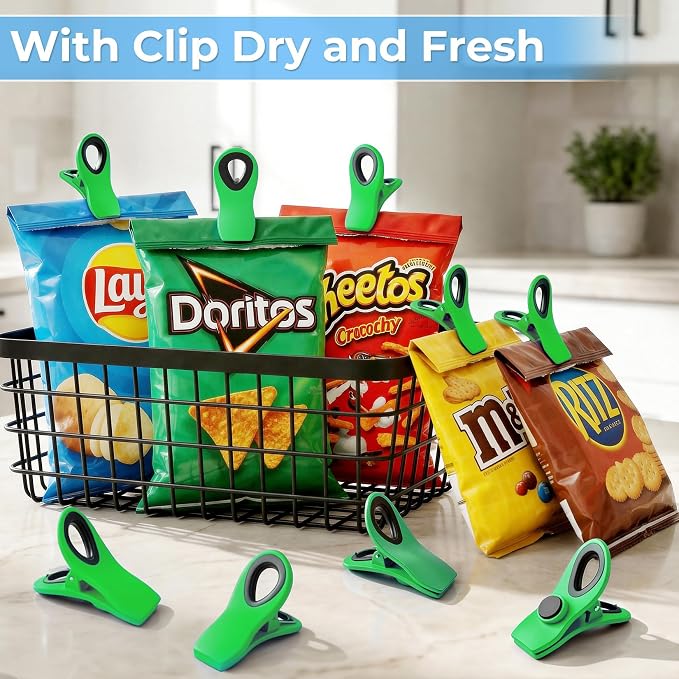 12 Pack Chip Clips, Bag Clips for Food, Magnetic Sealers for Chips and Other Food, Plastic Bag Clip for Kitchen, Fridge, Clothes, Sewing and Artwork (Green)