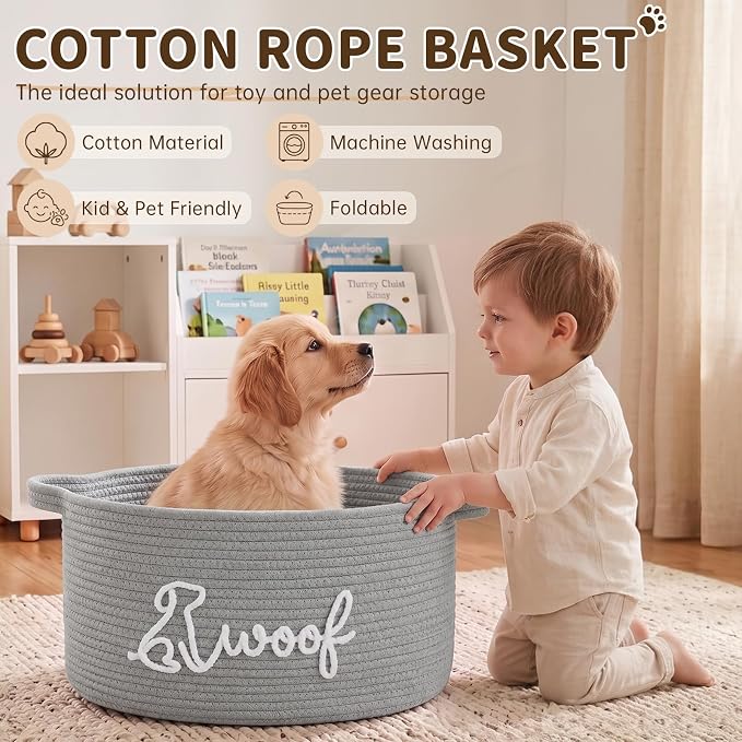 OIAHOMY 22L Large Dog Toy Basket, 16.5"x11.4"x9" Cotton Rope Basket with Cute Woof Embroidery, Soft Woven Pet Toy Box with Handles for Blankets, Leashes & Puppy Accessories, Decorative Organizer Gray