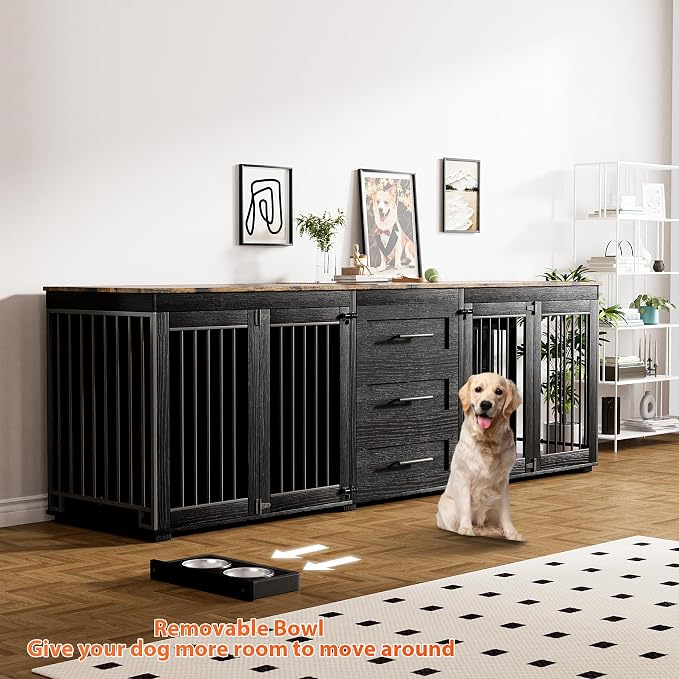 Rophefx 94.5" Dog Crate Furniture for 2 Dogs, Wooden Kennel TV Stand,Black | Indoor double dog house with 3 storage drawers, 4 feeding bowls, lockable doors, and a wide top for large and medium dogs