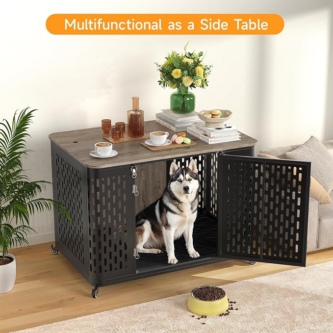 ONBRILL 43.7" Dog Crate Furniture with Cushion, Flip-Top Access and Wheels | Heavy-Duty Construction Supports Everyday Use, while Flip-Top Access Makes Feeding and Cleaning More Convenient