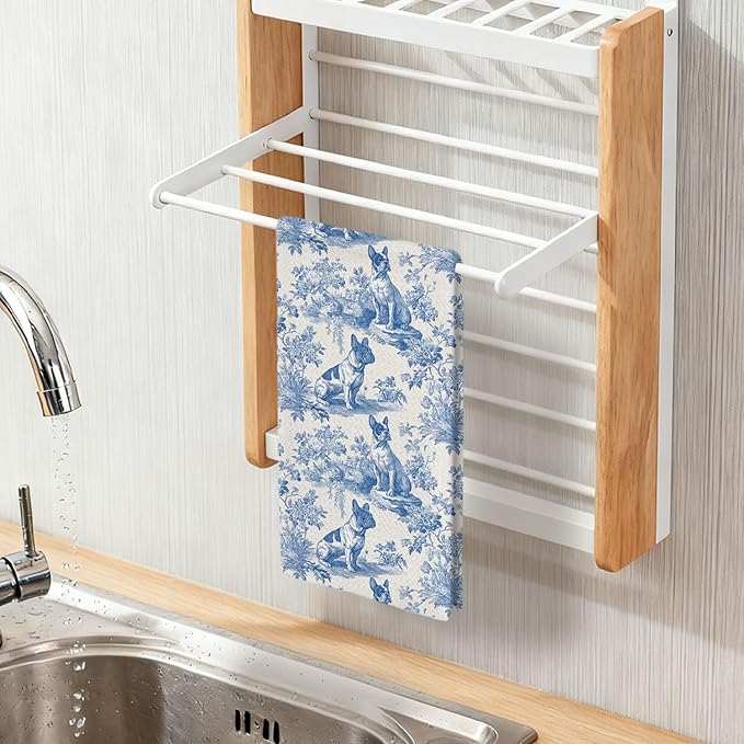 French Bulldog Kitchen Dish Towels,Blue and White Floral Dog Towel Dish Tea Towels, Chinoiserie Decor for Kitchen Bathroom,French Bulldog Gifts for Dog Lover Mom Dad,16x24 Inch