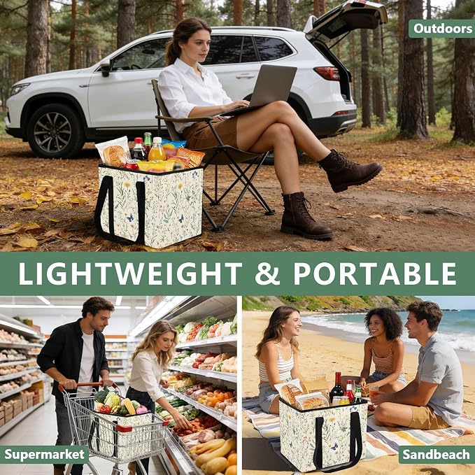 Car Trunk Organizer, Wildflowers Herbs Butterfly 600D Oxford Foldable Storage Bag with Handles, 13.0x10.8x10.2in, Portable Collapsible Container for Groceries, Kitchen, Picnic & Travel