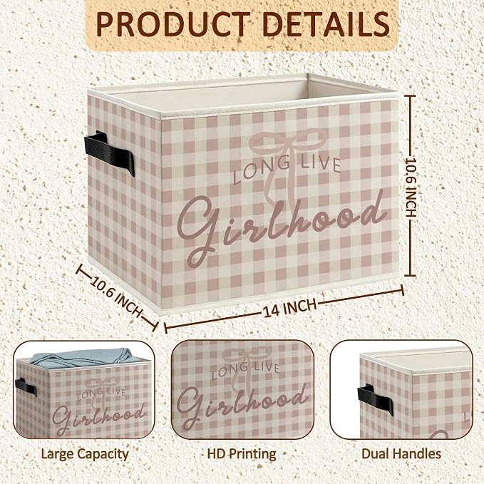 Girl Nursery Foldable Storage Bins Box with Handles, Long Live Girlhood Preppy Pink Gingham Decorative Storage Boxes Baskets Toybox Organizer for Kids Girl Nursery Room Bedroom Playroom