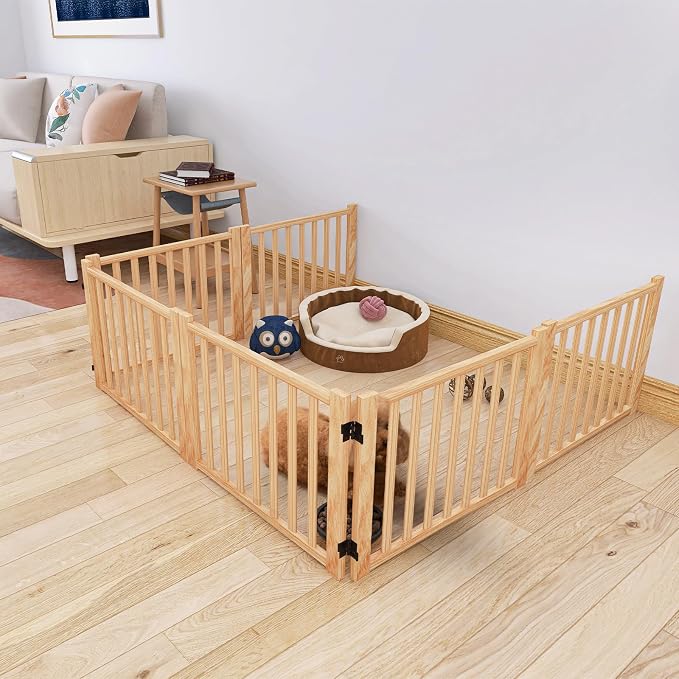 YOCAN Non-Painted Wooden Freestanding Dog Gates - 6 Panel H:16.9" L:138" | Pet Gate for The House,Doorways, Stairs,Wood Dog Fences Indoor Pet Gate,Step Over Fence