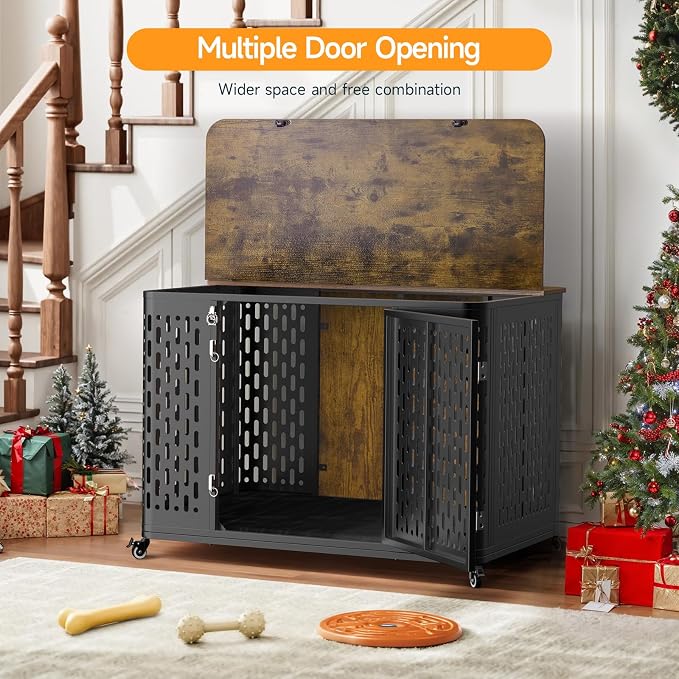 ONBRILL Heavy Duty Dog Crate Furniture for Large and Medium Dogs, 43.7 Inch Large Dog Crate Kennel with Flip Top & Cushion & Wheels, Escape Proof Pet Cage,Wooden Cage Kennel Furniture Indoor