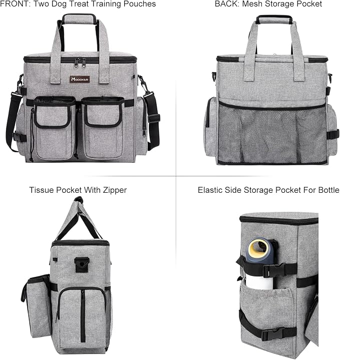 Dog Travel Bag, Airline Approved Pet Travel Bag with 2 Dog Treat Training Pouches for Weekend Pet Travel Supplies & Accessories, Light Grey | Dog travel accessories set with feeding supplies, bowls, mat, and strap. Ideal for weekend trips.