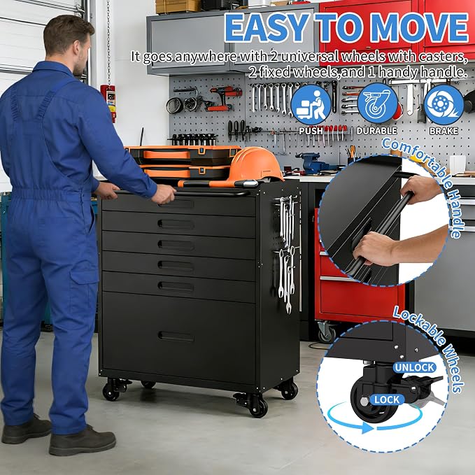 Metal Storage Cabinet for Garage, Tool Cabinet, Utility Cabinet | Wheeled, Rolling Tool Cabinet, 6 Drawers, Top Countertop, Pegboard, Assembly Required, Black