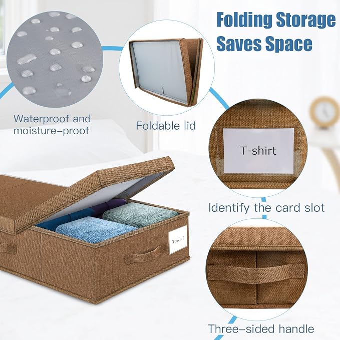 Supowin 2Pack Large Underbed Storage Containers Bin with Lids, Dark Brown | 6 Inches Tall Under Bed Storage Organizer Box with Handles, Foldable Closet Organizer for Clothes, Blankets, Seasonal Items