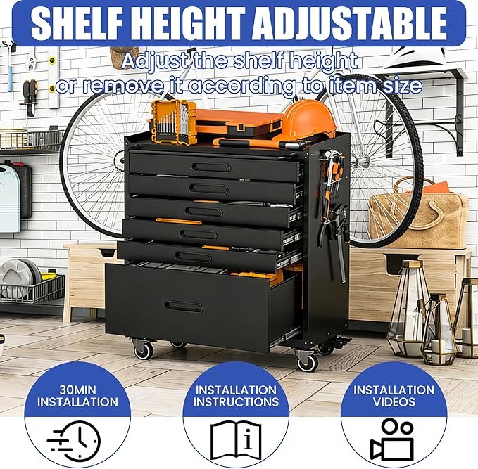 Metal Mobile Tool Storage Cabinet with 6 Drawers,Black | Heavy Duty Rolling Tool Cabinets for Garage,Metal Storage Cabinets with Wheels,Assembly Required