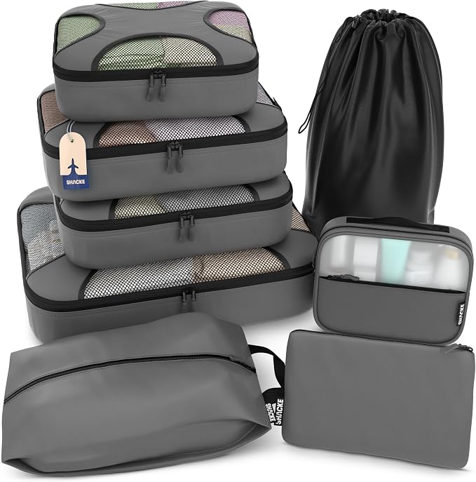 Shacke 8 Set Packing Cubes for Travel, Shoe & Toiletry Bags (Dark Grey) | Complete Suitcase Organizer Bags Set: 4 Luggage Packing Cubes + Laundry, Shoe, Toiletry & Accessories Bags for Any Trip