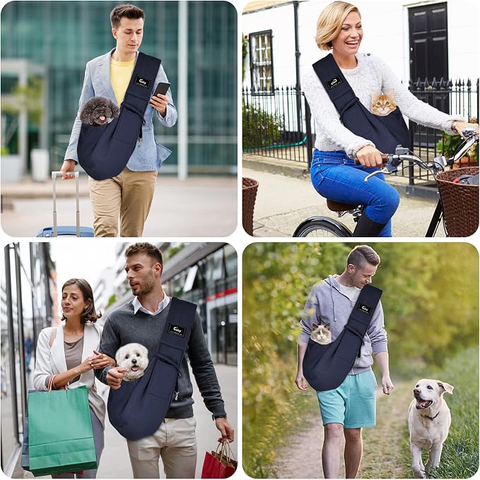 Dog and Cat Sling Carrier - Hands Free Reversible Pet Sling Bag - Ring Sling Adjustable - Suitable for Puppy, Small Dogs Cats Outdoor(Dark Blue)