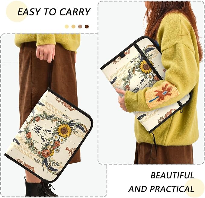 Bohemian Bull Skull Pattern with Sunflowers Expanding File Folder with Sticky Labels, 13 Pockets Accordion File Folder Document Organizer Expandable Zip File Folder with Zipper Closure