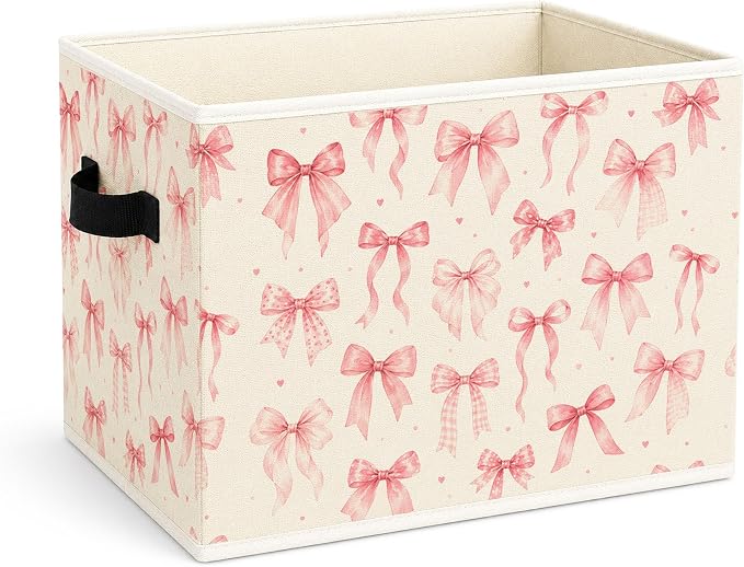 Pink Bow Storage Bin, Foldable Fabric Organizer | Soft pink bow storage bin for toys, books, clothes, blankets, nursery supplies, girls rooms, shelves, and closets.