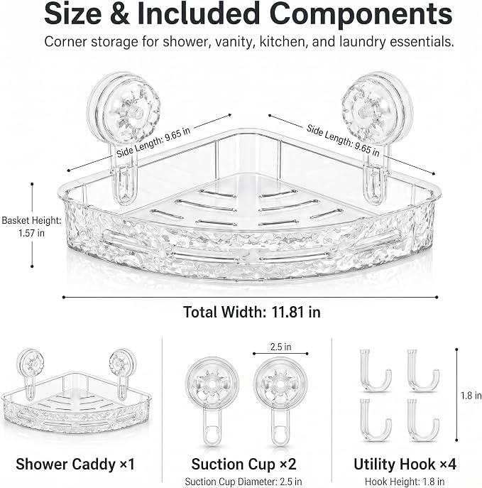 Corner Shower Caddy with Suction Cups, No Drill Corner Shower Shelf Organizer with Hooks, Clear Shower Storage Rack for Tile, Glass & Smooth Surfaces, White/Clear