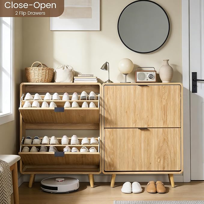 FurSch Fluted Shoe Storage Cabinet with 2 Flip Drawers | Narrow Shoe Rack Cabinet Organizer, Adjustable & Removable Shelves, for Entryway