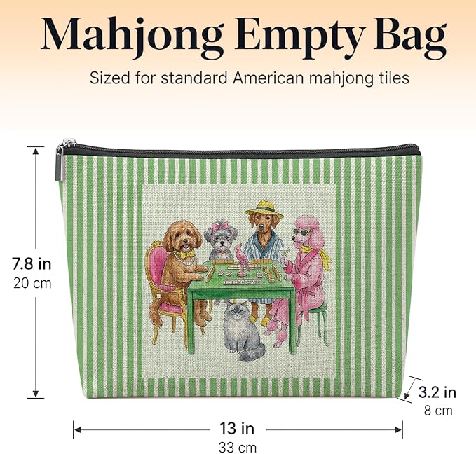 Funny Dog Cat Empty Mahjong Tile Bag 13x7.8 Inch | Green Striped Pet Portable Travel Case Organizer Zipper Pouch for American Mahjong Tiles Game Night Accessories and Gifts