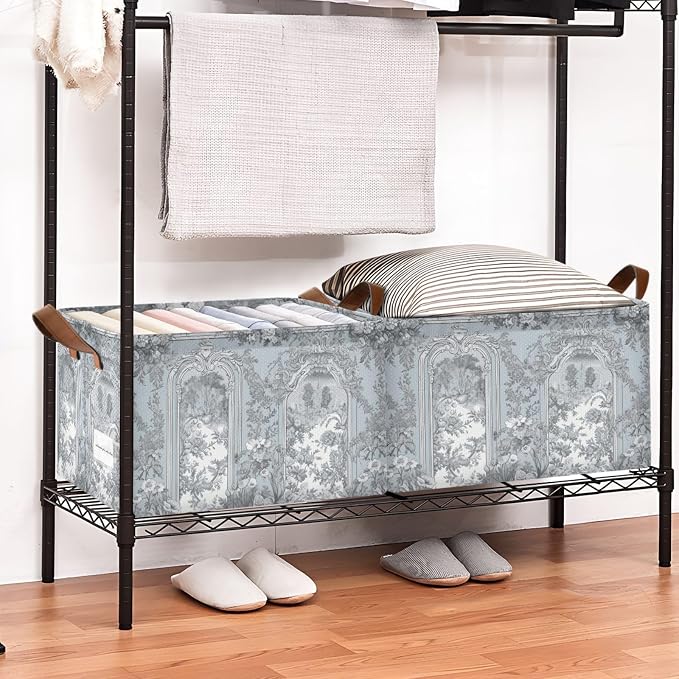 Vintage French Floral Classic Blue Storage Basket Foldable Cube Storage Bins with Handles&Labels Collapsible Organizer Box Bin Large Rectangle Decorative Baskets for Shelves Home Room Laundry-2 PC