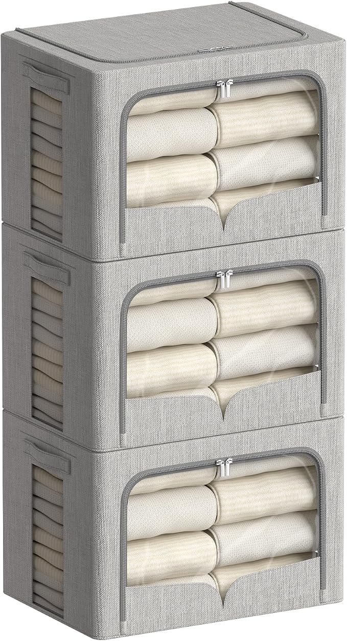 FHSQX 3 Pack Clothes Storage Bins - Foldable Metal Frame Storage Box - Stackable Linen Fabric Container Organizer Set with Carrying Handles and Clear Window (Light Gray, 15.7x11.8x9.8inch(30L))