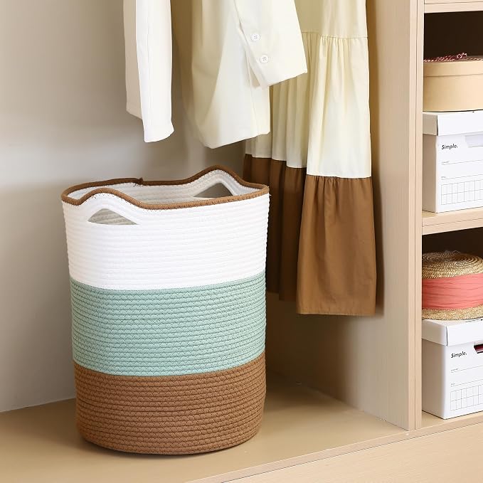 Sea Team Large Woven Cotton Rope Laundry Basket with Handles, 20 x 14 in | Collapsible Knitted Hamper, Closet Shelf Organizers, Containers for Clothing, Blankets, Toys, Bedding, Green & Brown