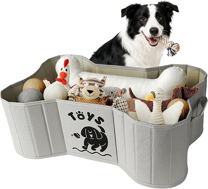 39L Dog Toy Basket, Collapsible Dog Bone Baskets for Toys, Dogs Storage Organizer with PU Handles, Pet Toys Basket with Bone Shape Design, Toy Baskets for Dogs, Gray, 22" x 14.4" x 7.5"