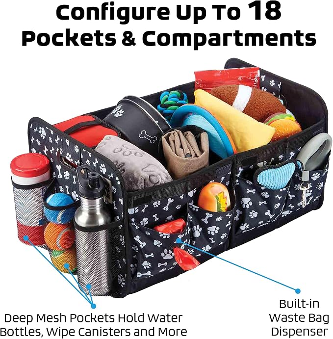 Mobile Dog Gear, Dogssentials Collapsible Storage Organizer for Travel with Built-in Waste Bag Dispenser, Includes 1 Roll of Waste Bags, Black/White Paw Bone Print, Meets Airline Regulations