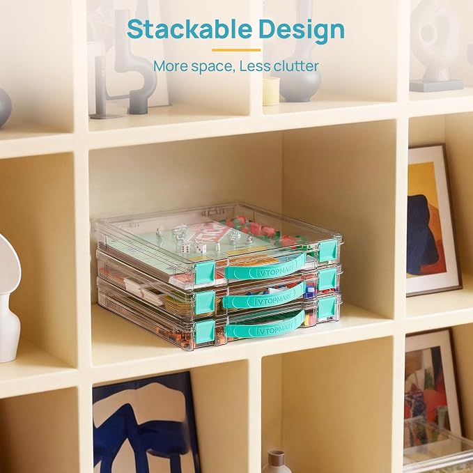 Vtopmart 2 Pack Board Game Storage with Handle and Snap-Tight Latch Lid | Clear Craft Organizer Fit 12" x 12" Papers, Stackable Storage Box for Scrapbook Storage, Art Supply Storage, Puzzle Storage