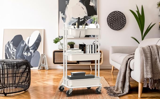 Simple Houseware 3-Tier Rolling Utility Cart with Hanging Bucket, White | Storage for Bathroom, Kitchen, Office, Study Room, Nursery Diaper