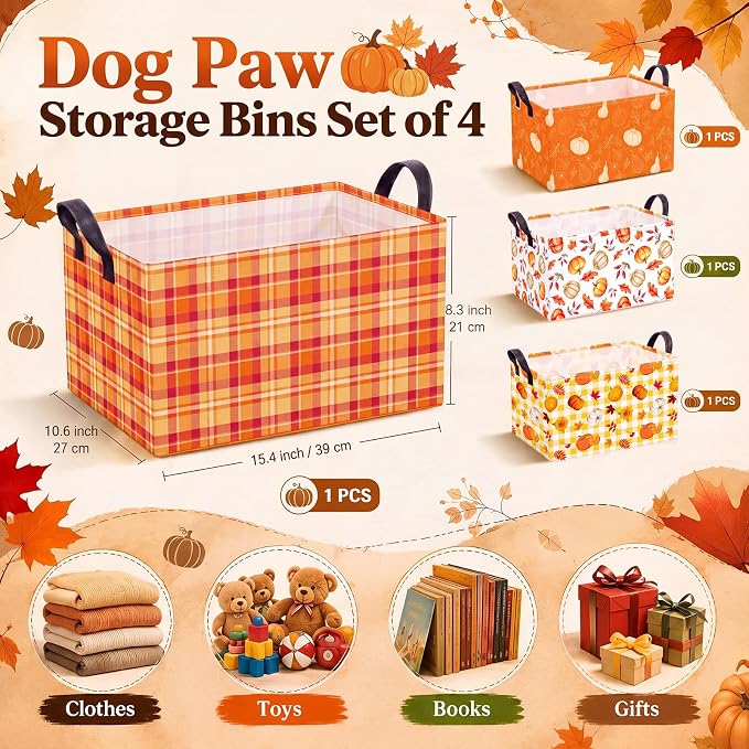 FoldTier 4 Pcs Fall Storage Baskets Empty Collapsible Autumn Organizer Bins with Handles Polyester Pumpkin Storage Bins for Autumn Thanksgiving Pet Toys Books Clothes Gifts Home Decor(Pumpkin)