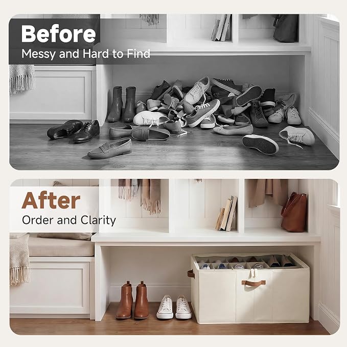 StorageWorks 24-Pair Large Closet Shoe Organizer, Adjustable Divider, Beige | Holds up to 24 Pairs, Foldable, Clear Lid, Reinforced Handles, Fits Sneakers, Boots & Heels, For Living Room, Bedroom